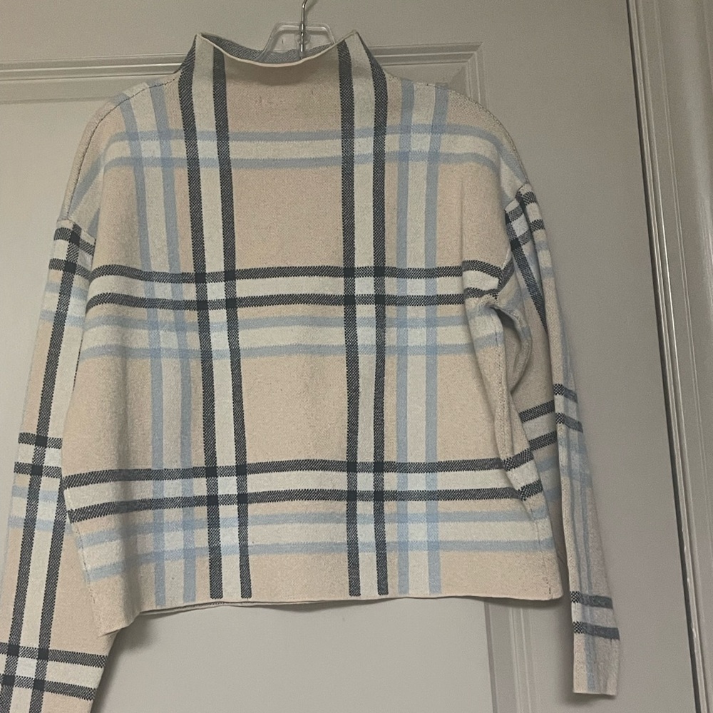 Tahari Cream and Blue Plaid Cowl Neck Sweater